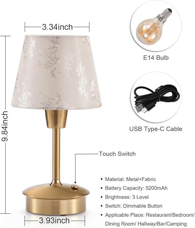 UMEXUS Small Cordless Table Lamp for Restaurant Dinner Table, 5200mAh Battery Operated Touch Lamps Rechargeable Dimmable Portable Night Light for Bedside Dining Living Room Patio Kitchen Outdoor