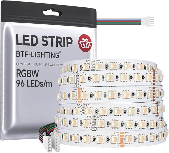 BTF-LIGHTING 5050 RGBW RGB+Warm White(2700K-3000K) 4 Colors in 1 LED 5m 16.4ft 96LED/m DC24V Multi-Colored LED Tape Lights IP30 Non-Waterproof White PCB for Home Decoration(No Adapter or Controller)