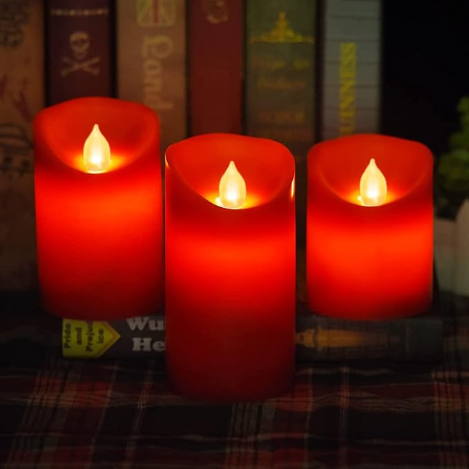 Nancia Flameless Battery Operated Flickering Candles:3PACK Red Real Wax Pillar Candle,Electric LED Candle with 10-Key Remote Control and 24 Hours Timer for Home Decoration Holiday Party