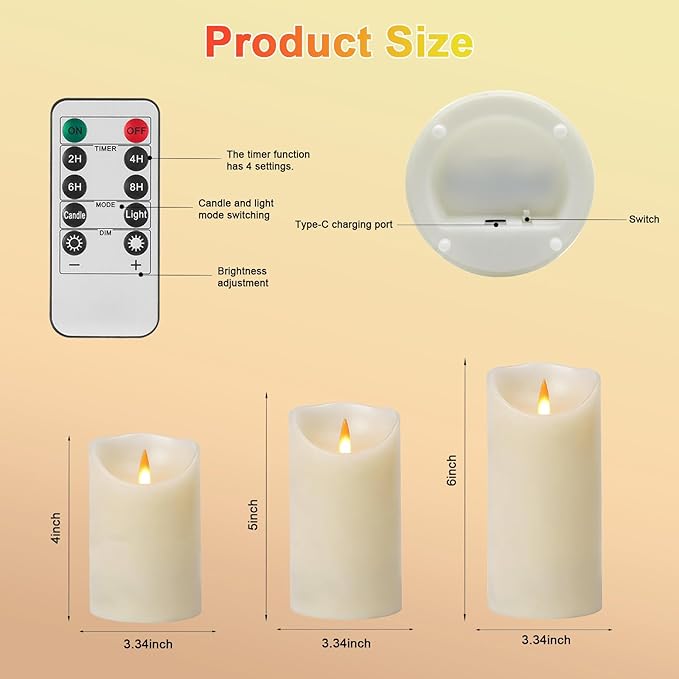 Rechargeable Flameless Candle, Realistic 3D Flickering Warm Flame, LED Candle with Remote Control & Timer for Holiday, Wedding, Patio and Home Decoration