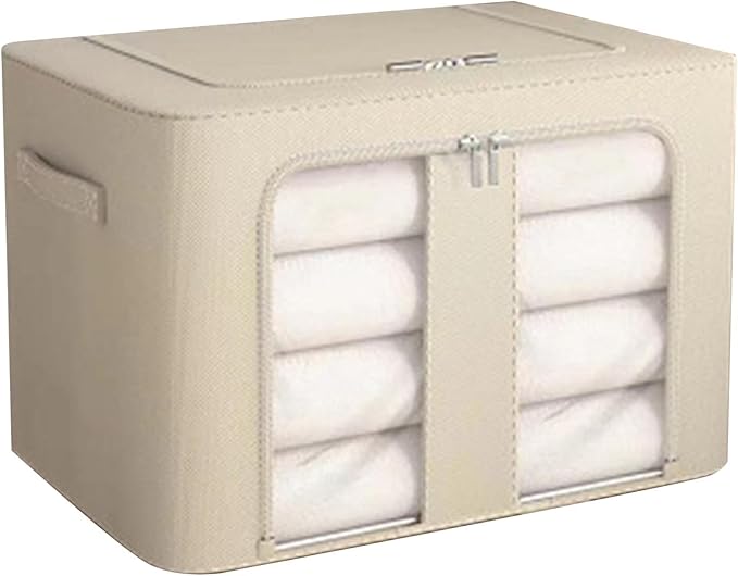 Kikumi Foldable Storage Box, Fabric Bin Organizer, Large Capacity Stackable Solid Steel Frame Structure Space Saving with Carrying Handle for Bedroom
