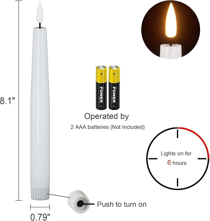 Flameless Taper Candles, Real Wax Flickering Taper Candles Battery Operated with 6H Timer, 4 Pcs White LED Flameless Candlesticks for Halloween Christmas Holiday Wedding Decor