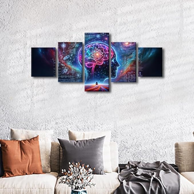 5 Panel Artificial Intelligence Wall Art Human Brain Surrounded by Data Canvas Painting Futuristic Technology Wall Posters for Bedroom Wall Decor AI Pictures for Living Room Wall Decoration 50"Wx24"H