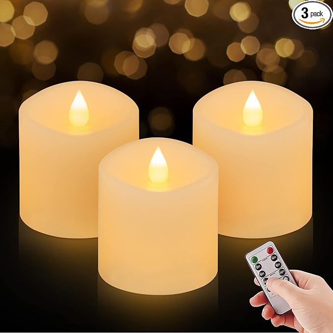 3x3 Flickering Flameless Candles Set of 3, 2AA Battery Life 600 Hours Battery Candles Flickering with Timer,3 inch Flameless Candles with Remote for Indoor/Outdoor, White