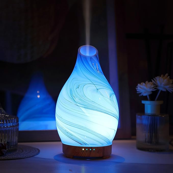 Essential Oil Diffuser, Art Glass Ultrasonic Aromatherapy Diffuser for Home 160ml with Intermittent Mist & LED 7 Colorful Changing Night Light for Bedroom-Ink Dyeing Time