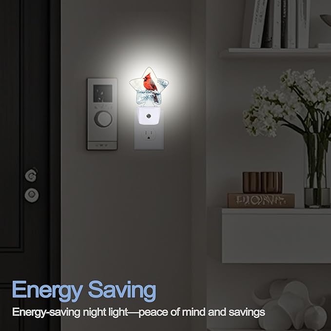 Red Cardinal Bird Nightlight,Winter Christmas Tree Star Night Lights Plug into Wall Decorations for Bedroom Bathroom,Dusk to Dawn Sensor Kitchen Hallway Stairs Energy Efficient Desk Lamp