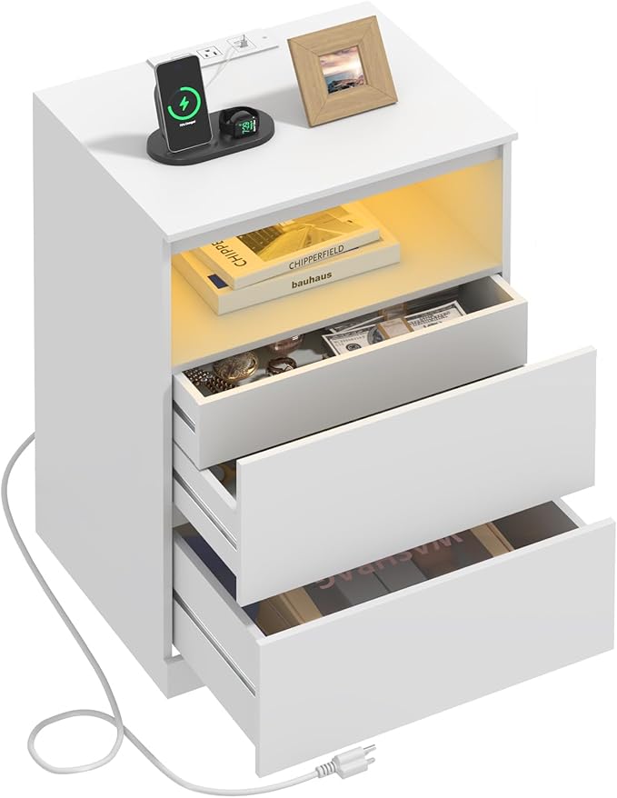 Nightstand with Charging Station and LED Light, 26" H with Hidden Drawer, 3 Drawers, Modern Night Stand for Bedroom, White