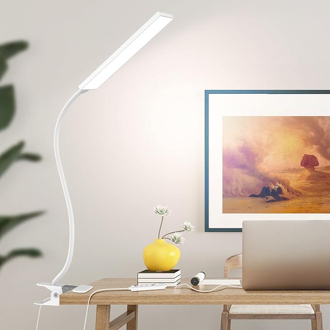 Vansuny Clip on Light LED Desk Lamp with Eye-Caring LED Metal Clip, 11 Level Brightness 3 Color Modes, Power by USB Port 5W Adjustable Neck Reading Light for Home and Office (5W, White)
