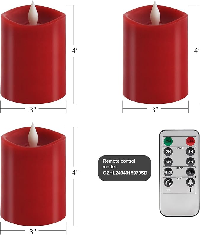 3x4 Flickering Flameless Candles Set of 3, 2AA Battery Life 600 Hours Battery Candles Flickering with Timer,4 inch Flameless Candles with Remote for Indoor/Outdoor, Red