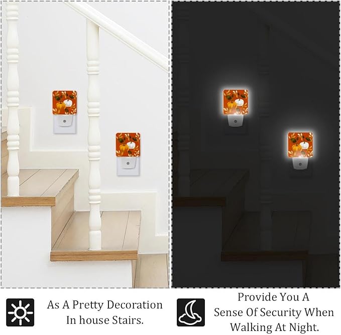 Thanksgiving Pumpkins a LED Night Light, Plug-in, Dusk-to-Dawn Sensor, Home Décor, Ideal for Bedroom, Bathroom, Nursery, Kitchen, Basement, 2 Pack