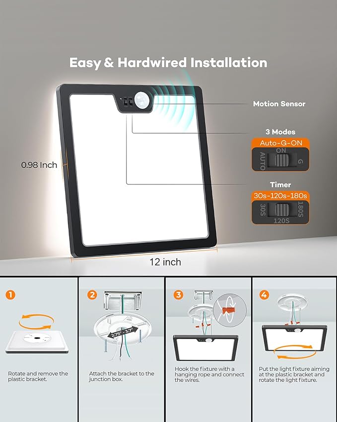12in Motion Sensor Ceiling Light Wired, 3000K 4000K 5000K Selectable, 24W Flush Mount Square Motion Ceiling Light with 3 Timer for Closet Porch Stairs Hallway, Black