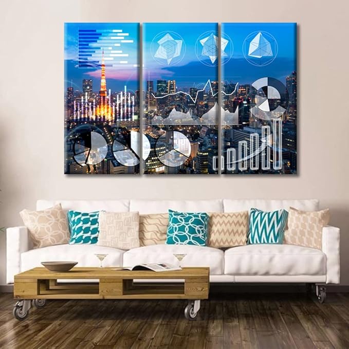TUMOVO 3 Pieces Currency Business and Market Charts Artwork Home Decor Trading Graph on The Cityscape at Night Background Artwork Wall Art for Living Room Framed Ready to Hang (42" Wx28 H)