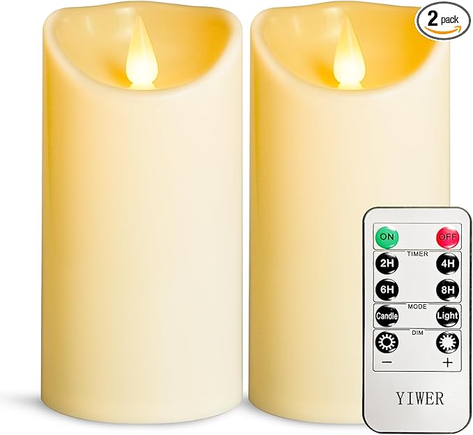 YIWER Flameless Plastic LED Candles,Pack of 2 Battery Operated Flickering Candle with Remote Control and Timer Electric Fake Light D3 H6 Ivory Pillar