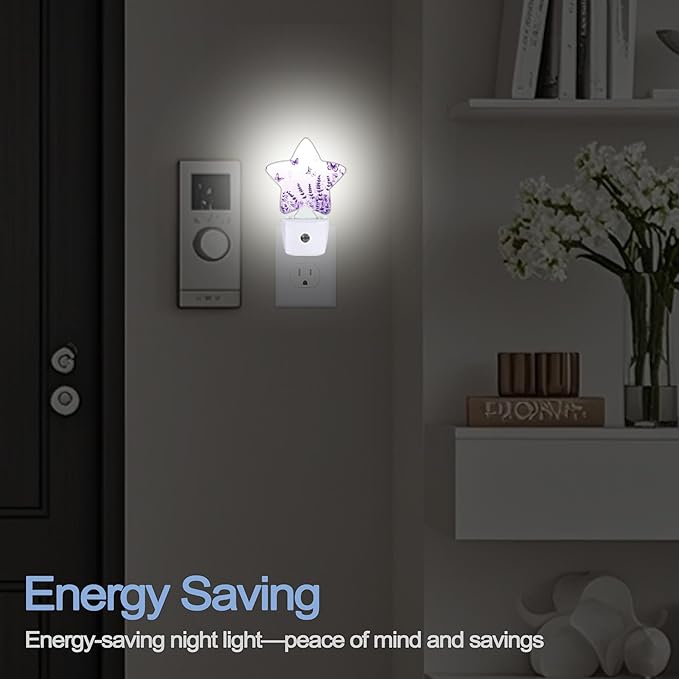 Lavender Butterfly Nightlight,Summer Flowers Star Night Lights Plug into Wall Decorations for Bedroom Bathroom,Dusk to Dawn Sensor Kitchen Hallway Stairs Energy Efficient Desk Lamp
