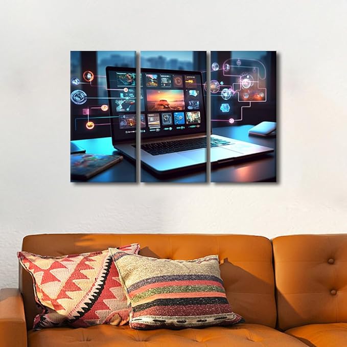 3 Panels Canvas Print Art Digital Collaboration Tools Pictures Poster for Living Room Wall Decoration, Concepts Artwork Stretched Framed Gallery-Wrapped Ready to Hang, 36" Wx24 H