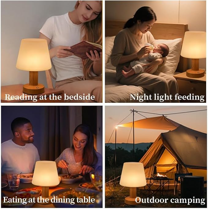 Operated Table Lamp 3000mAh Cordless Rechargeable, Touch Dimmable Desk Lamp, LED Night Light for Patio Camping Restaurant Home, H8.7in, Wood Grain