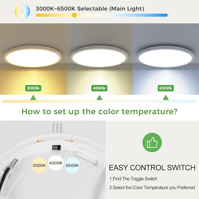 zemty 9 Inch LED Ceiling Light with Night Light 1800K, 2 Pack 3000K/4000K/6500K Dimmable Light Fixtures with Remote Control,15W 1500lm Flush Mount Ceiling Lamp for Bedroom Bathroom Kitchen-White