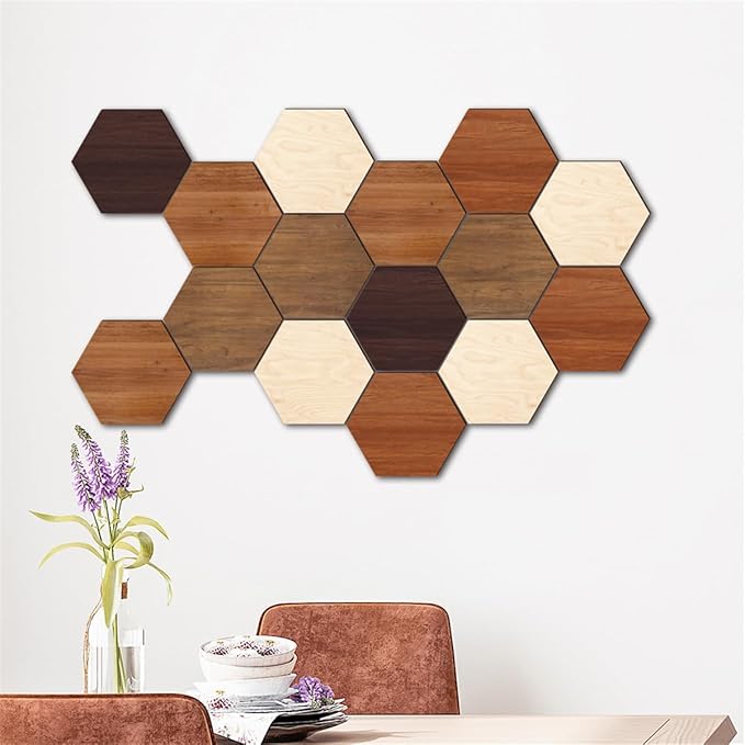 Wooden Hexagon Wall Decor, 15 Pcs Creative Removable Hexagonal Wall Stickers, DIY Modern Geometric Wood Wall Art Decor, 3D Wooden Hexagon Wall Tiles for Living Room, TV Background, Office, 5.9" x 5.1”