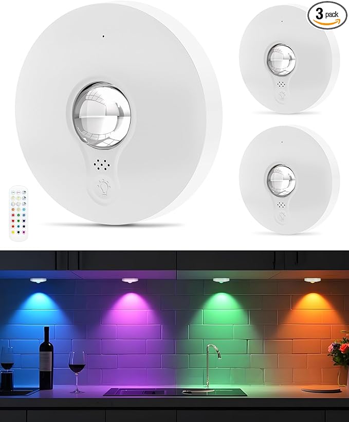 Rechargeable RGB Puck Lights with Remote Control, 1500mAh Battery Operated Push Lights, Dimmable & Timer Under Cabinet Lighting for Closet, Bedroom, Kitchen White 3Pcs