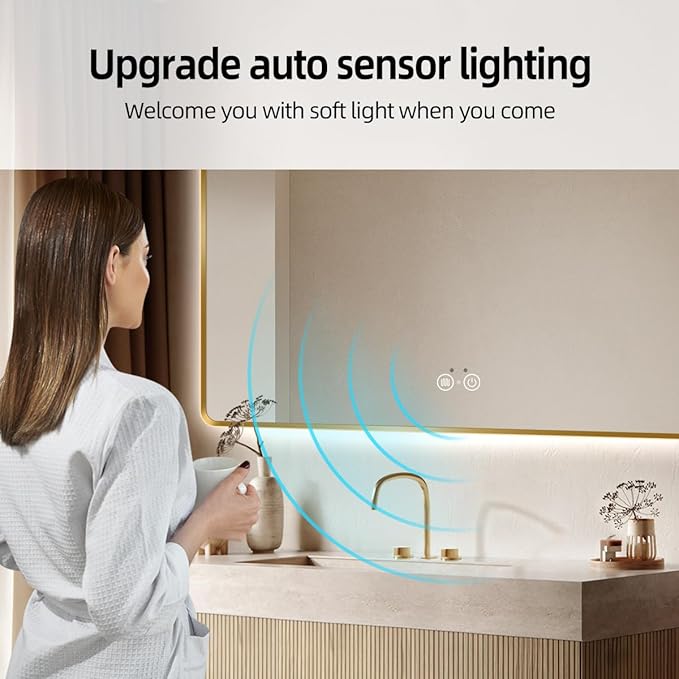 Gold LED Bathroom Mirror, 36"x36" Smart Mirror with Infrared Motion Sensor Lights, Anti Fog, Stepless Dimmable & Color Temperature Adjustment, Wall Mounted Vanity Mirror Backlit, CRI≥93