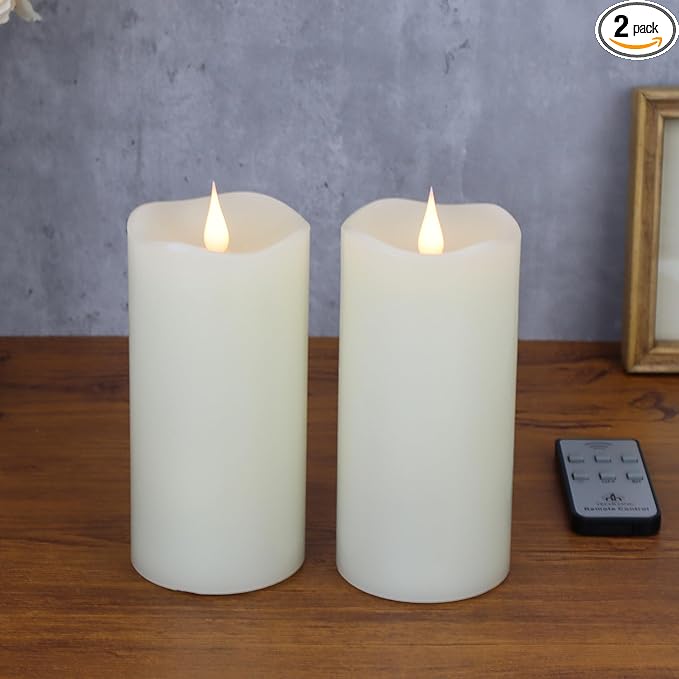 Flameless Candles with Remote Timer, 3D Moving Flickering Flame Battery Operated Candles Lasting 1000+ Hours, 6" x 3" Ivory Real Wax Electric LED Pillar Candles, Set of 2