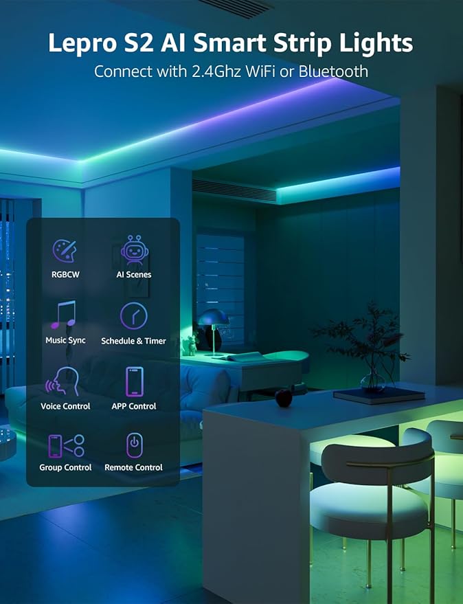 Lepro S2 AI Smart LED Strip Lights - 16.4ft RGBCW Light Strips with 2700K-5700K Tunable Warm White, Color Segment DIY, Personalized Al Lighting Designer, APP Control(No Remote), 2.4G Wi-Fi & Bluetooth