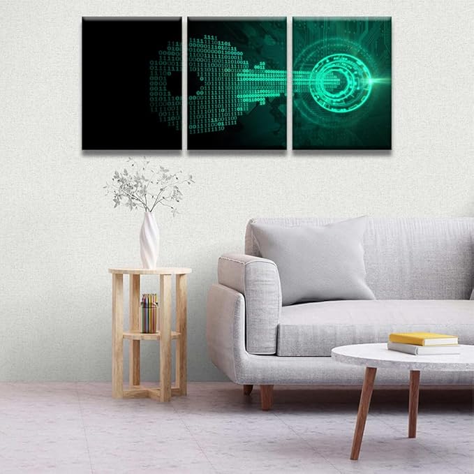LSIUHWUWI 3 Panel Wall Art Abstract Key Made from Binary Code Fits Iinto A Lock Pictures Print on Canvas for Home Office Wall Decorations,Wooden Framed Ready to Hang, 12x16inchx3