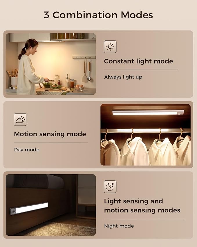 2 Pack 11.8" Motion Sensor Cabinet Light, Under Cabinet Lighting with 4 Modes (Auto Night/Day/Always On/Off), 3 CCT & Stepless Dimming, USB Type-C Charging, for Kitchen, Stairs