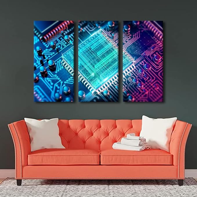 Canvas Wall Art Motherboard Digital Chip Artwork Pictures Bathroom Decor Computer Processors CPU Wall Art 3 Panel CPU Concept Contemporary Home Decor Print on Canvas Framed Ready to Hang(28"Wx42"H)