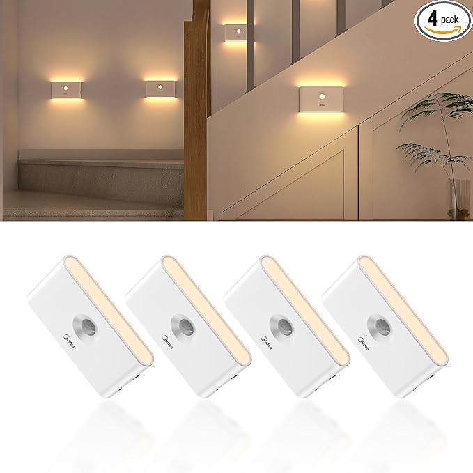 Midea 4 Pack Rechargeable Night Lights with Motion Sensor/Dusk to Dawn Sensor, Warm White Night Light Stair Lights for Indoor/Bedroom/Bathroom/Kitchen/Hallway,Cordless Design