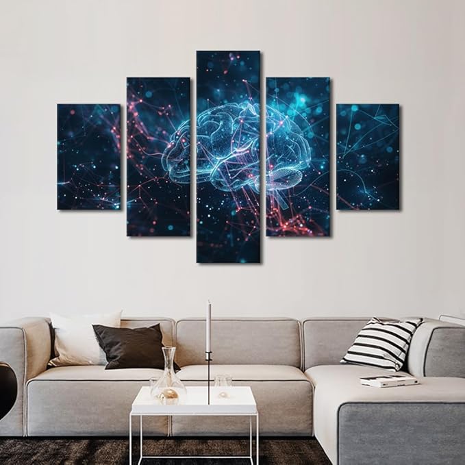 5 Panel Wall Decor Modern Technology Paintings Canvas Wall Art Framed Human Brain Poster for Boys Bedroom Artificial Intelligence Painting Wall Decor Art Work for Home Decor Living Room 60" Wx40 H