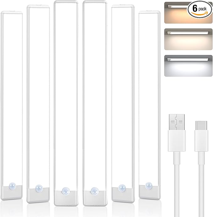 maylit 6 Pack Under Cabinet Lighting, 3 Color Temps Motion Sensor Light Indoor, Rechargeable Battery Operated Lights, Wireless Magnetic Light Bar for Kitchen Counter Closet Stair Shelf Display