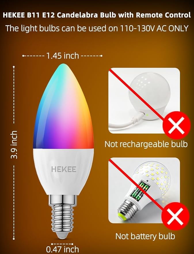 HEKEE E12 B11 LED Candle Light Bulbs, Color Changing, C37 40W Incandescent Equivalent, 450 Lumen, RGB + 2700K Warm White, 5Watt, 12 Colors, 2 Modes, Timer, Remote Control(10 Pack)