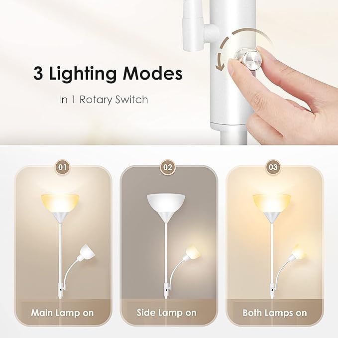 Torchiere Floor Lamps for Living Room, Standing Lamp, 71" Tall Pole Lamps with Adjustable Reading Light, 3-Way Rotary Switch, Plastic Shade, Bright Torch Corner Lamp for Bedroom, White(E26, No Bulb)