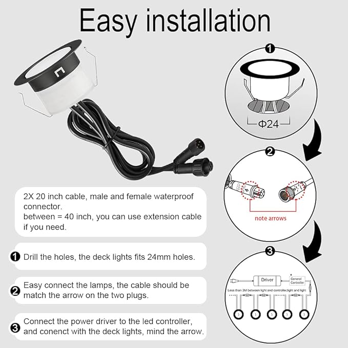 Sumaote LED Deck Lights Kit RGBW 20pcs Φ1.22 Low Voltage Recessed Deck Lamp In-ground Lights Waterproof Outdoor Yard Path Stairs Steps Landscape Decor, Multicolor & Warm White Lighting, Black Shell