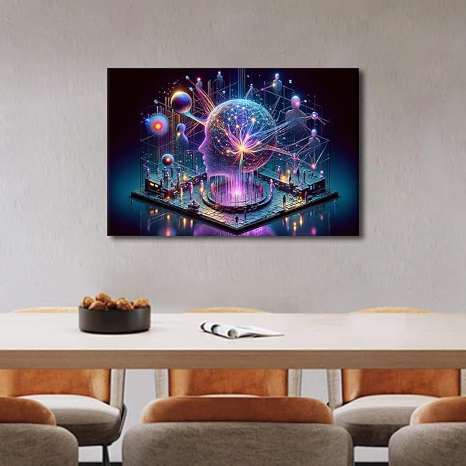Human Brain Artificial Intelligence Picture Wall Decor Neural Network Paintings Canvas Wall Art Framed Modern Home Decor for Living Room Posters and Prints 16" Wx24 Hx1 Panel