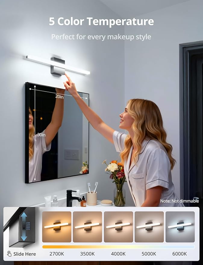 Combuh 24Inch Long Vanity Light for Bathroom 5 Color Adjustable Modern, Bright 14W 1250LM Black Bath Bar Lighting Fixtures Over Mirror IP44 Rustproof Minimalist Led Wall Sconce for Powder Room
