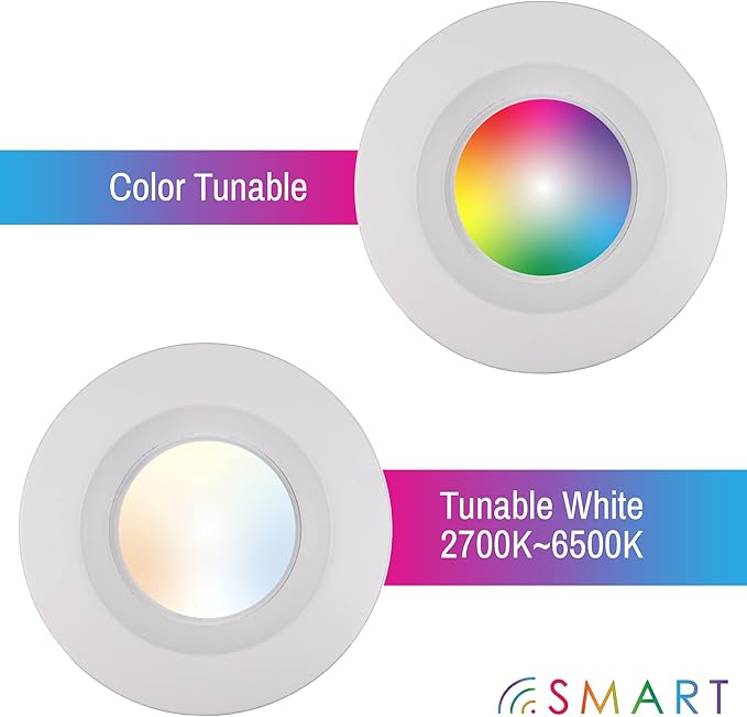 CLEANLIFE 4-Pack Smart LED Recessed Lighting Retrofit Downlight RGB + Tunable White Color Changing Bluetooth + WiFi Dimmable LED Can Lights Fits 5 and 6 inch - 12W, 65W Equivalent, App Enabled