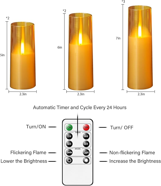 Flameless LED Candles Upgraded Realistic Flickering Flame,7Pcs Battery Operated Candles with Remote Timers,LED Pillar Candles for Home Decor,Christmas,and Parties（Gold）