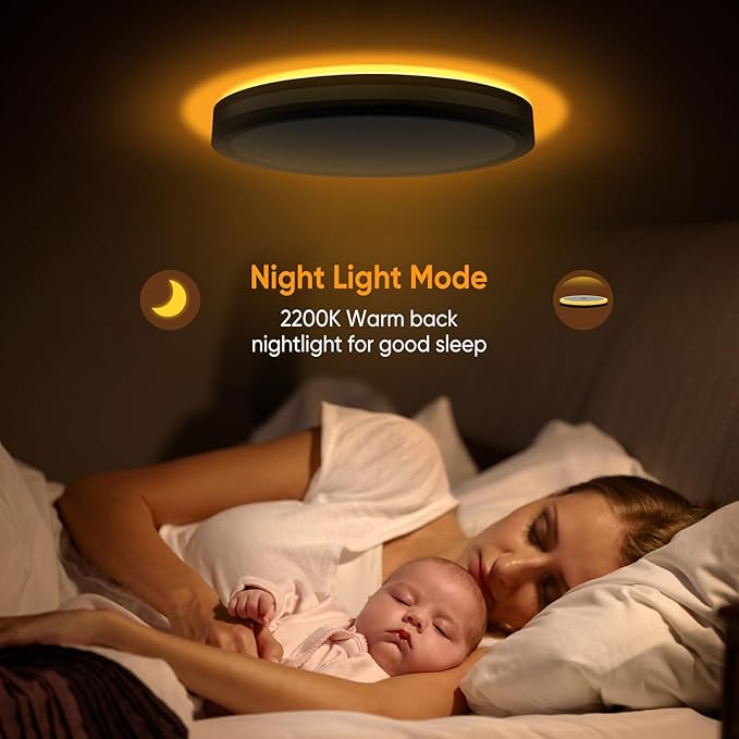 18 Inch Flush Mount Light With Night Light, 5CCT Modern Black Gold LED Ceiling Fixture, 45W 4500LM 2700K-6500K Adjustable, Dimmable for Bedroom Hallway, ETL