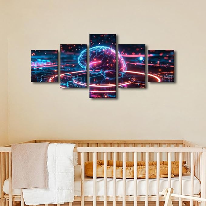 TUMOVO 5 Panel Human Brain Wall Art for Living Room Neural Networks Wall Decor Computer Technology Canvas Painting for Home Futuristic Technology Poster Decorations for Office 50" Wx24 H