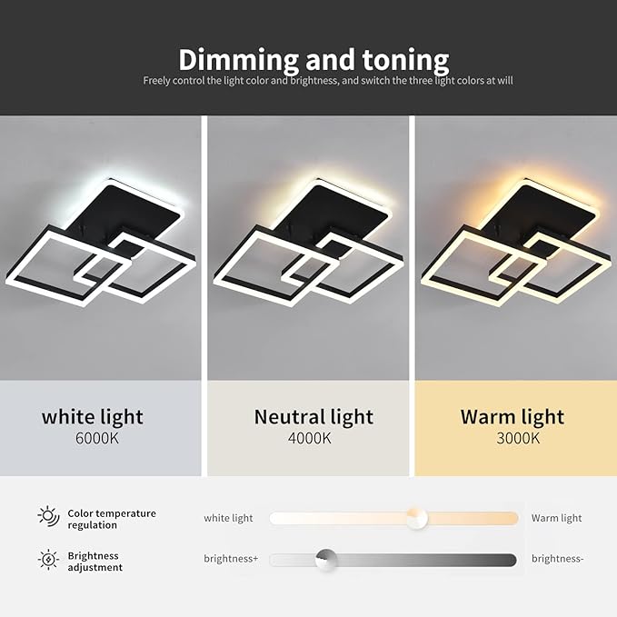 Garwarm Modern LED Ceiling Light, Dimmable 3 Heads Squares Ceiling Lamp Fixture with Remote, Acrylic Metal Flush Mount Ceiling Chandelier Lighting for Living Room Bedroom (70W, Black)