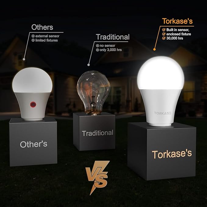 Torkase Outdoor Dusk to Dawn Light Bulbs, Smart Sensor LED Lighting Bulb 13W(100W Equivalent), E26 6000K,6 Pack Built-in Photocell Detector, Automatic On/Off,for Porch Hallway Garage Boundary