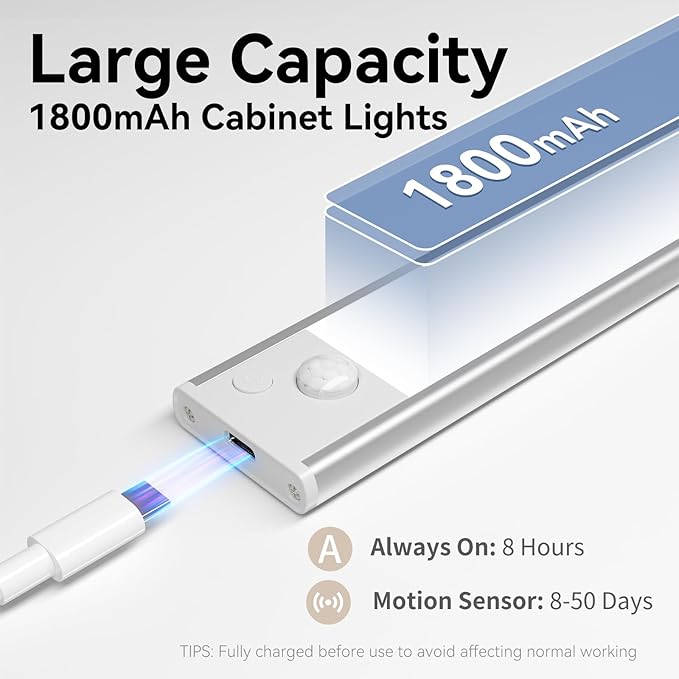 Under Cabinet Lighting, LED Magnetic Motion Activated Under Cabinet Lights, Rechargeable Closet Lights 1800mAh Battery Operated, Wireless Dimmable Under Counter Lights for Kitchen,Hallway 2 Pack