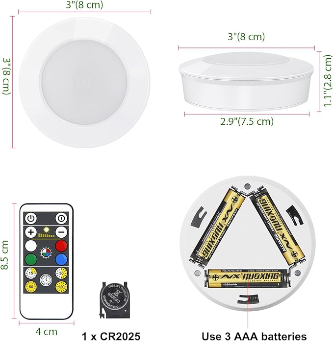 Wireless LED Puck Lights with RF Remote(6-Pack), Battery Operated Under Cabinet Lights, Color Changing Stick On Lights,Dimmable Tap Light with Timmer for Closet Bedroom Kitchen Drawer Counter