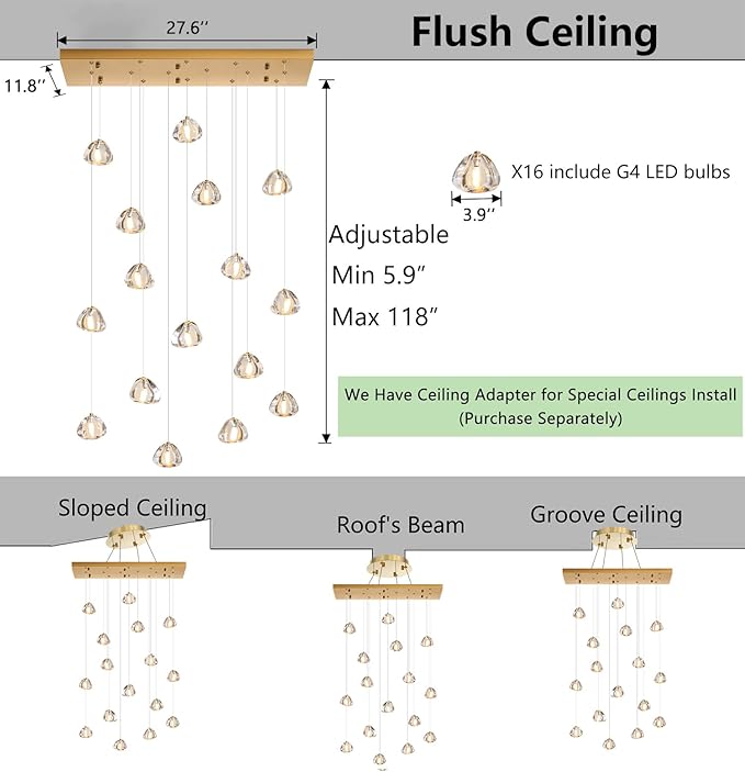 W27.6 x D11.8 x H118 Rectangular Glam Chandelier Bubble Crystal Ceiling Pendant Lights Dimmable High Ceiling Chandeliers Fixtures Adjustable Long Lights Antique Gold