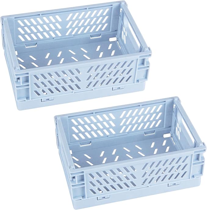Tixill 2-Pack Mini Foldable Plastic Baskets for Organizing and Storage, Collapsible Storage Crate for Home Kitchen Bedroom Bathroom Office (5.9x3.8x2.2, Blue)