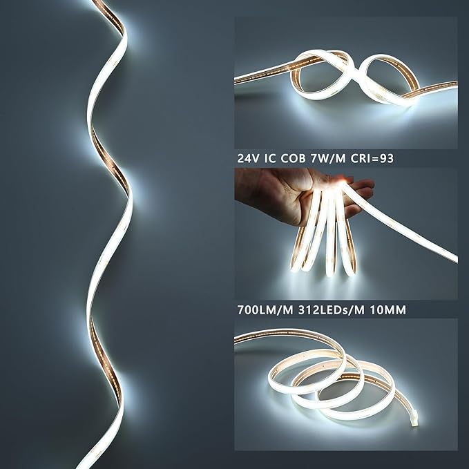 24V COB LED Strip Lights Outdoor Waterproof 65.6FT, 6000K Cool White Dimmable IP67 CRI 93 LED Rope Light with Power Supply for Bedroom Living Room Garden Commercial House