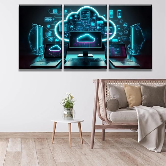LSIUHWUWI 3 Panel Canvas Print Art Set Modern Cloud Technologies Neon Colors Cyber Space Posters Modern Wall Art for Bedroom Living Room Wall Decorative,Artwork, 16x24inchx3