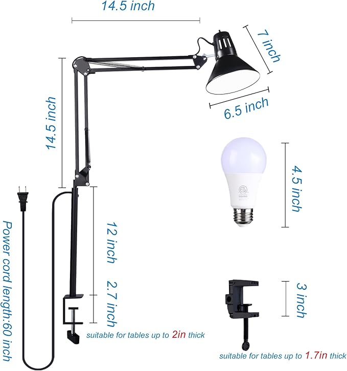 Swing Arm Desk Lamp for Home Office 360°Adjustable,Tall Metal Clamp on lamp with Bulb,Eye-Caring Clip on Desk Light for Computer Work Study Reading and Drafting